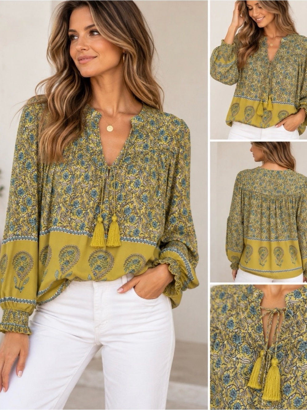 NATURAL LIFE Women’s Green Floral Long Slv Boho Peasant Top Tassels V-Neck Sz XL